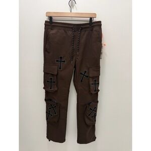 RGSTR Tech Pants Espresso Brown Cross Applique Cargo Streetwear Mens M New